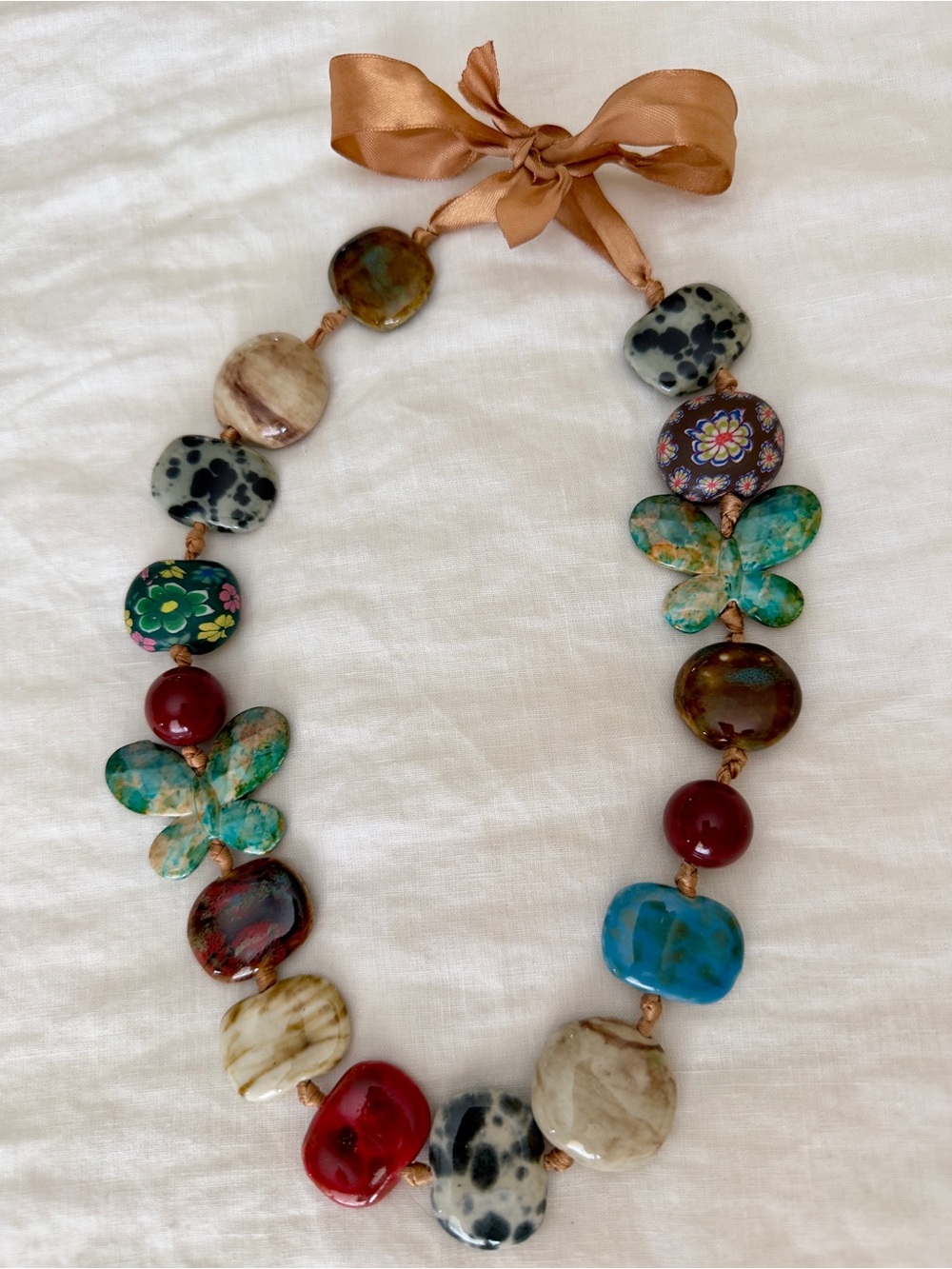 Handmade🇫🇷 in France Multicolor Stone & Ribbon Statement Necklace. NEW